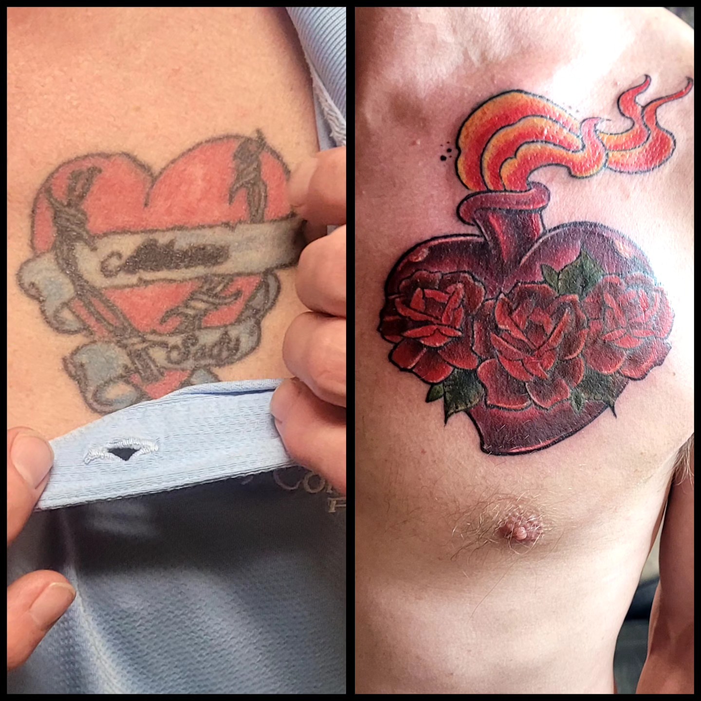 Heart with roses American traditional tattoo on the chest by Dawne Michele