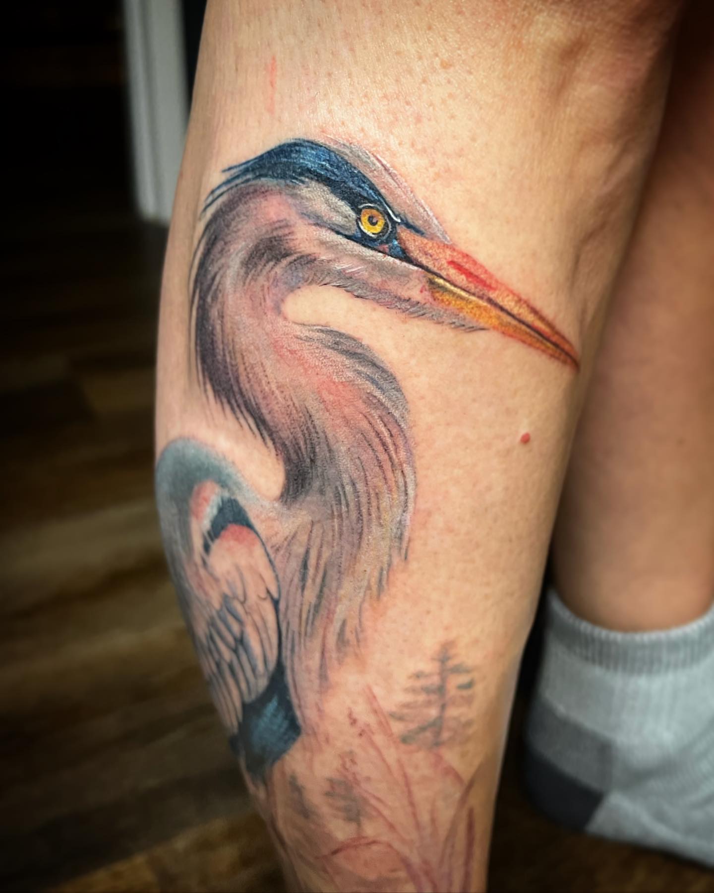 Heron realism tattoo on the forearm by Sam Minter, Grafton, Massachusetts