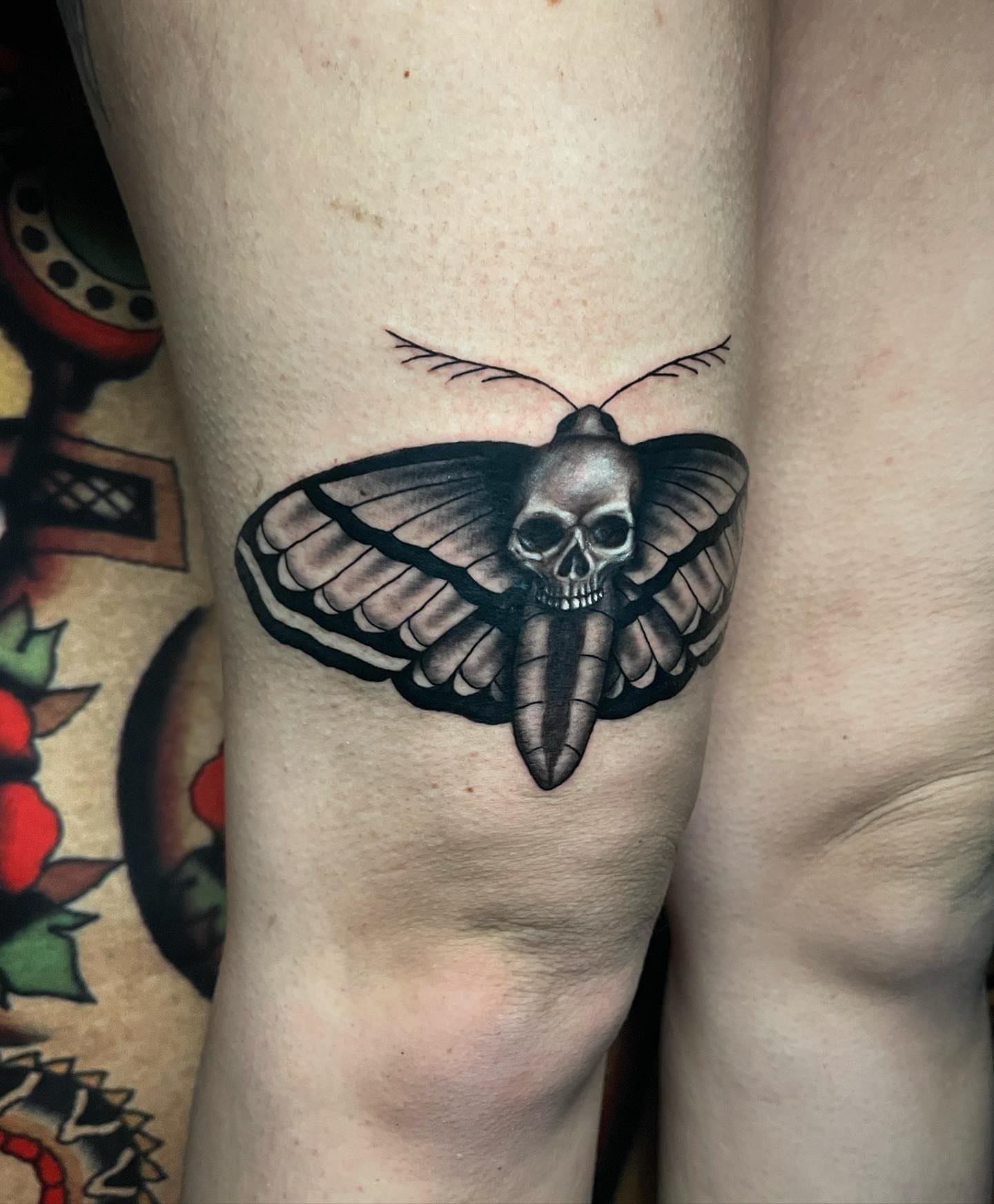 Moth skull black and grey tattoo on the thigh by Alexis Monkiewicz