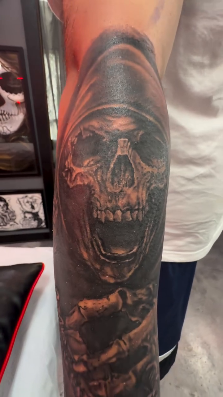 Grim reaper skull dark realism tattoo by Alejandro Zaragoza