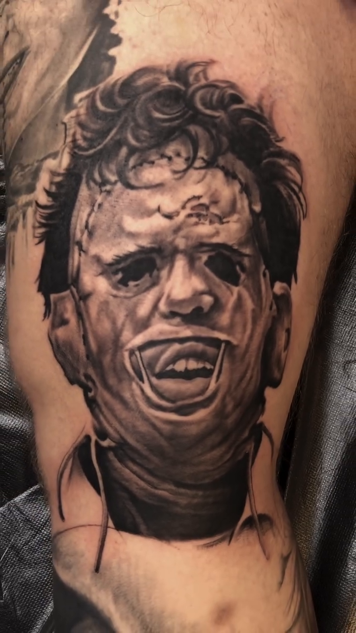 Leatherface portrait realism tattoo by Oak Adams
