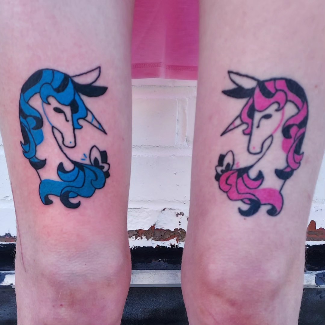 Unicorns new school tattoo on the forearm by Spike Cameron