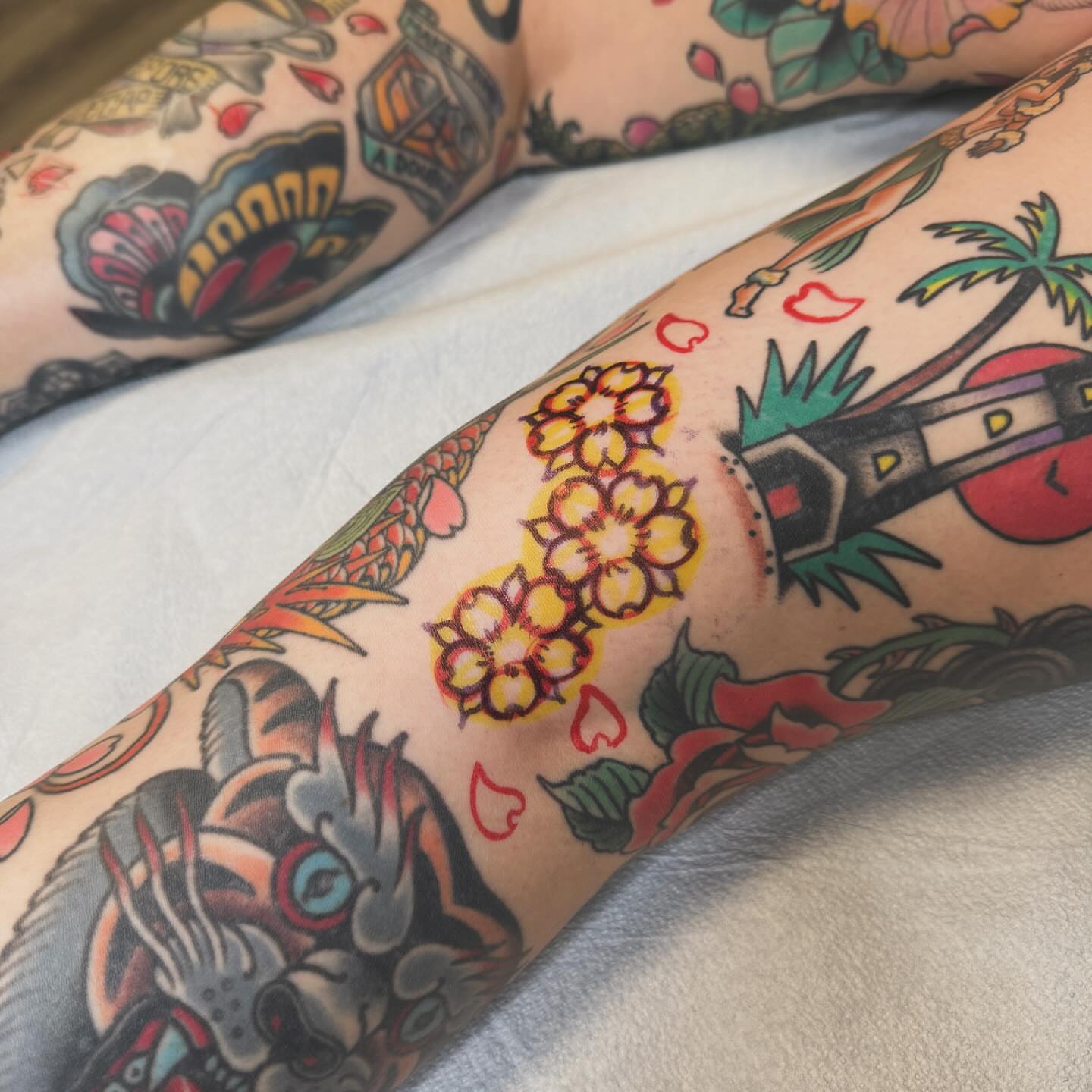Cherry blossoms and sword American traditional tattoo on the forearm by Liz Mercer ★ Tattooer - Raleigh NC