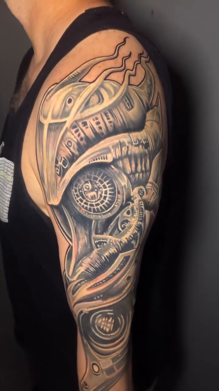 Biomechanical sleeve realism tattoo by Kayden DiGiovanni, Addison, Texas