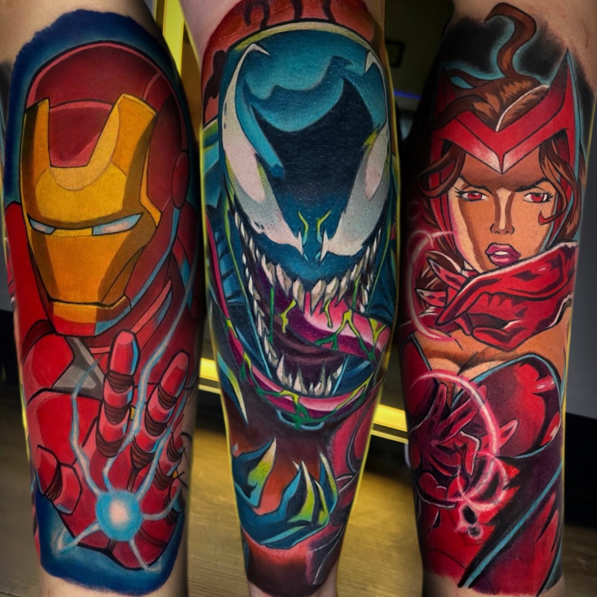 Iron Man, Venom, Scarlet Witch new school tattoo on the forearm by nightcity anime tattoos π₯