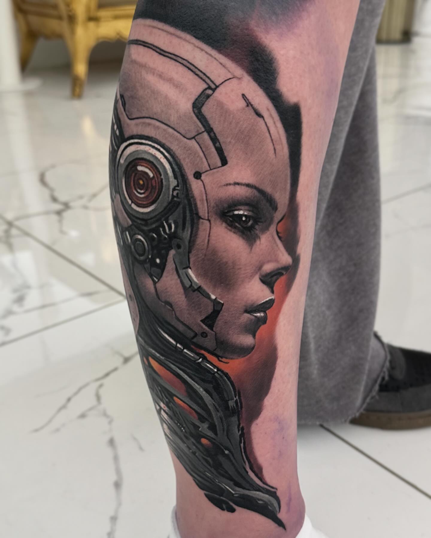 Cyborg woman realism tattoo on the forearm by Jacob Sheffield, Grand Junction, Colorado