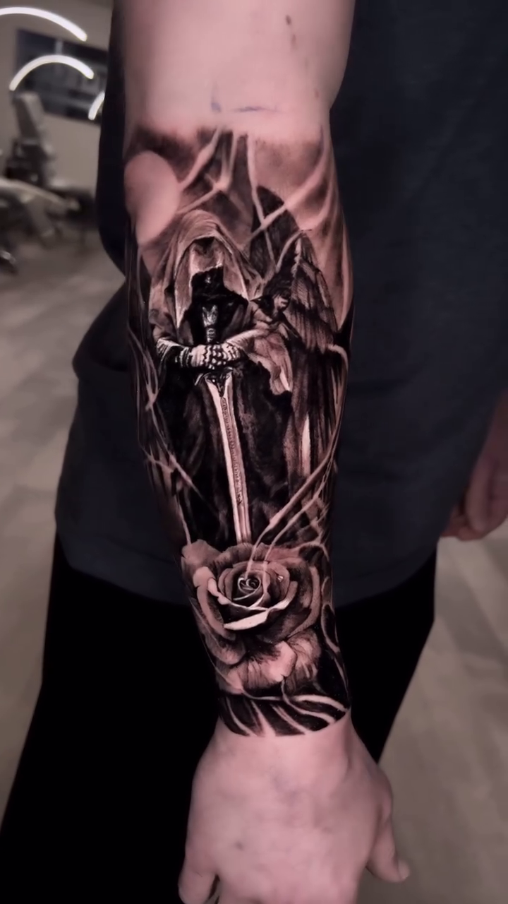 Grim Reaper with sword and rose dark realism tattoo by Armando Galán 🇨🇱🇺🇸