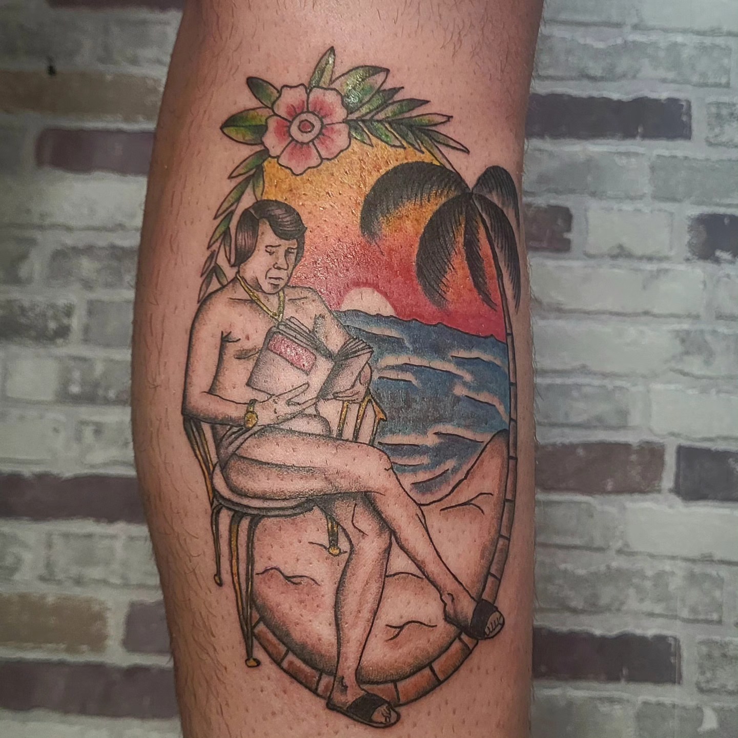 Reading man American traditional tattoo on the thigh by Gonzalo Pantona