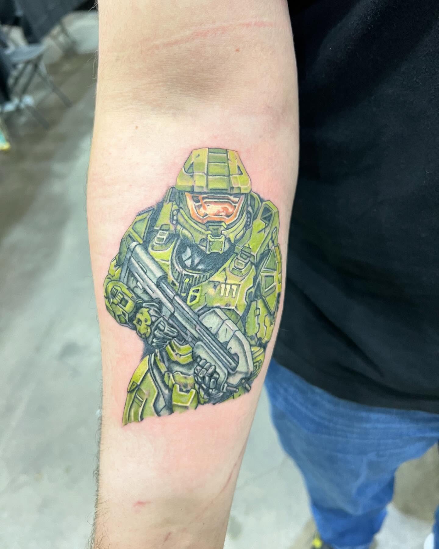 Master chief realism tattoo on the forearm by (Joshua) Van Cummings