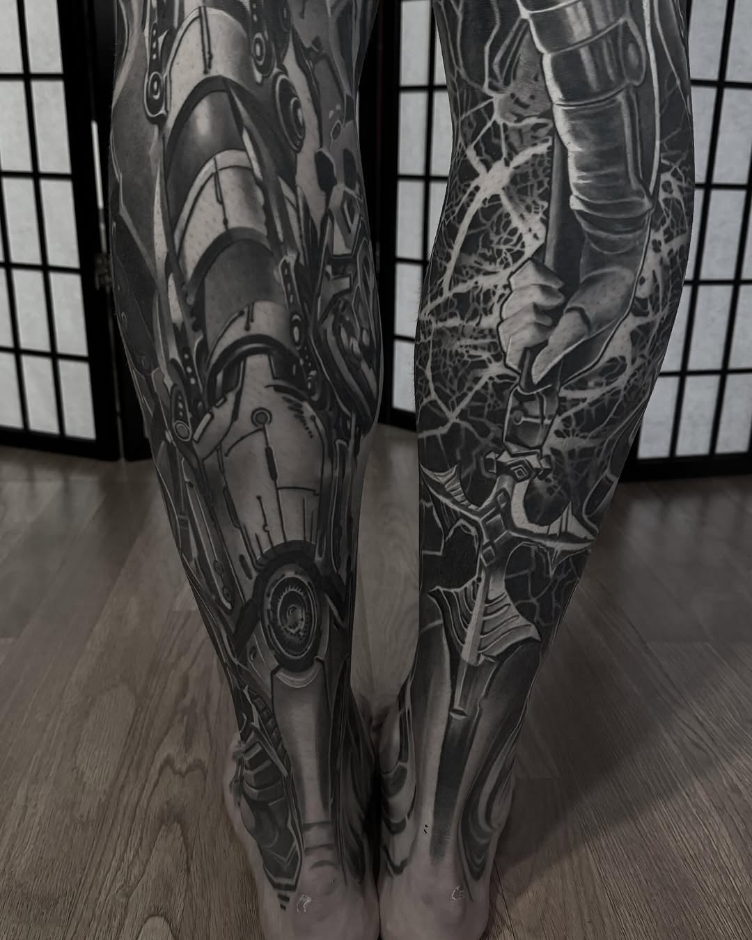 Biomechanical and knight armor realism tattoo on the leg by Vas - Tattoo New York NY