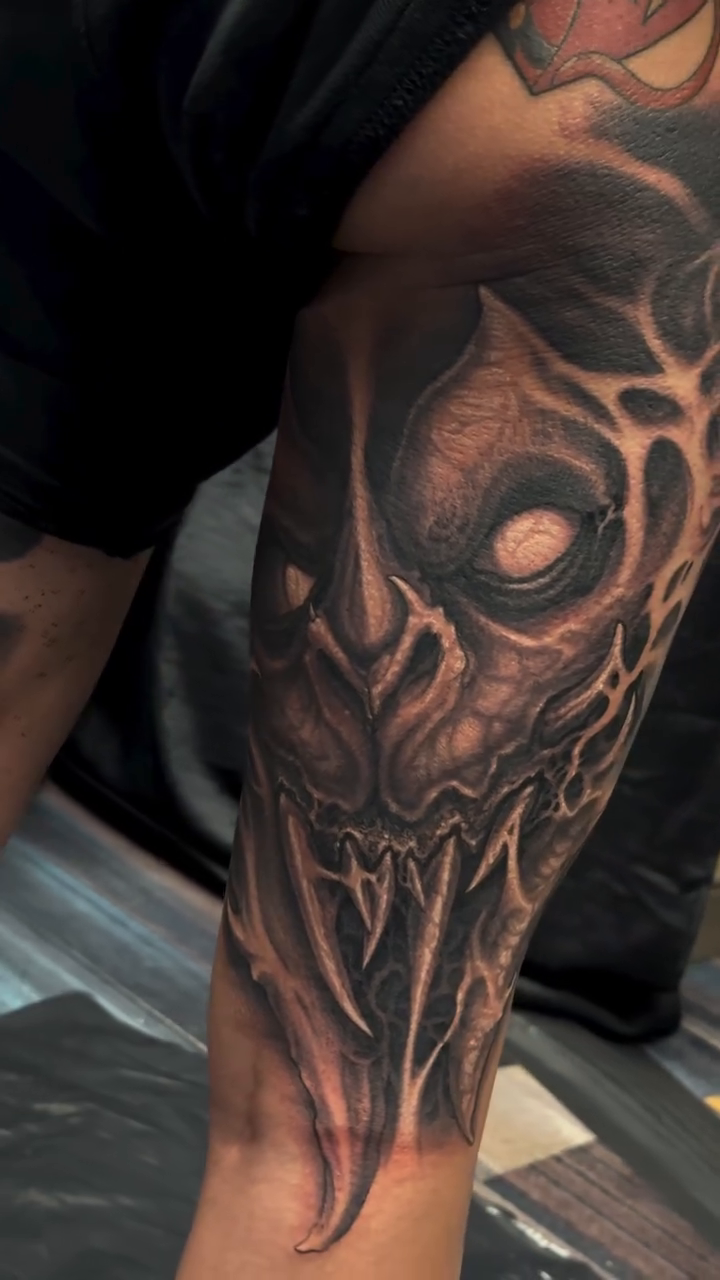 Tattoo by @aaronmtattoos — dark_realism, black_and_grey