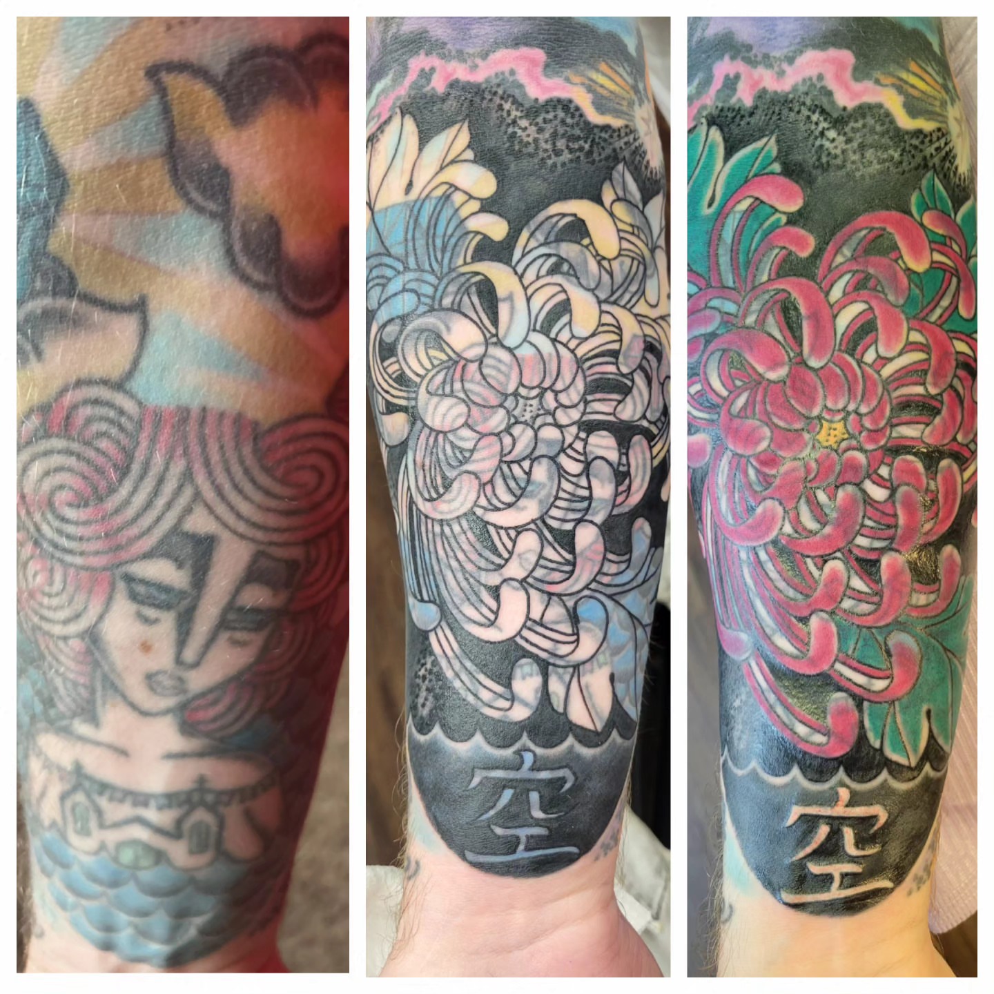 Chrysanthemum japanese irezumi tattoo on the forearm by Mark Harada, Hoboken, New Jersey