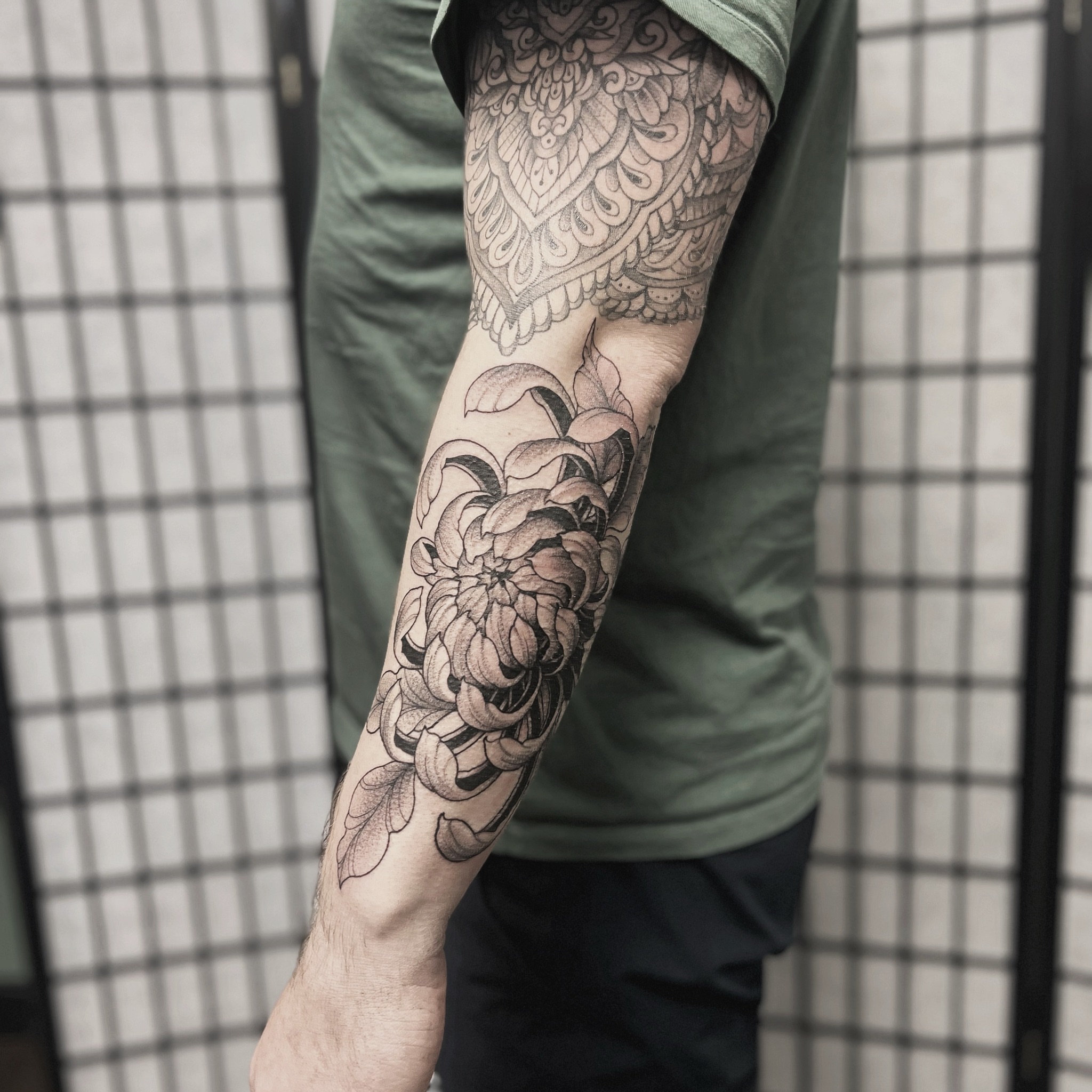 Chrysanthemum black and grey tattoo on the forearm by MillaKas ° Tattoos
