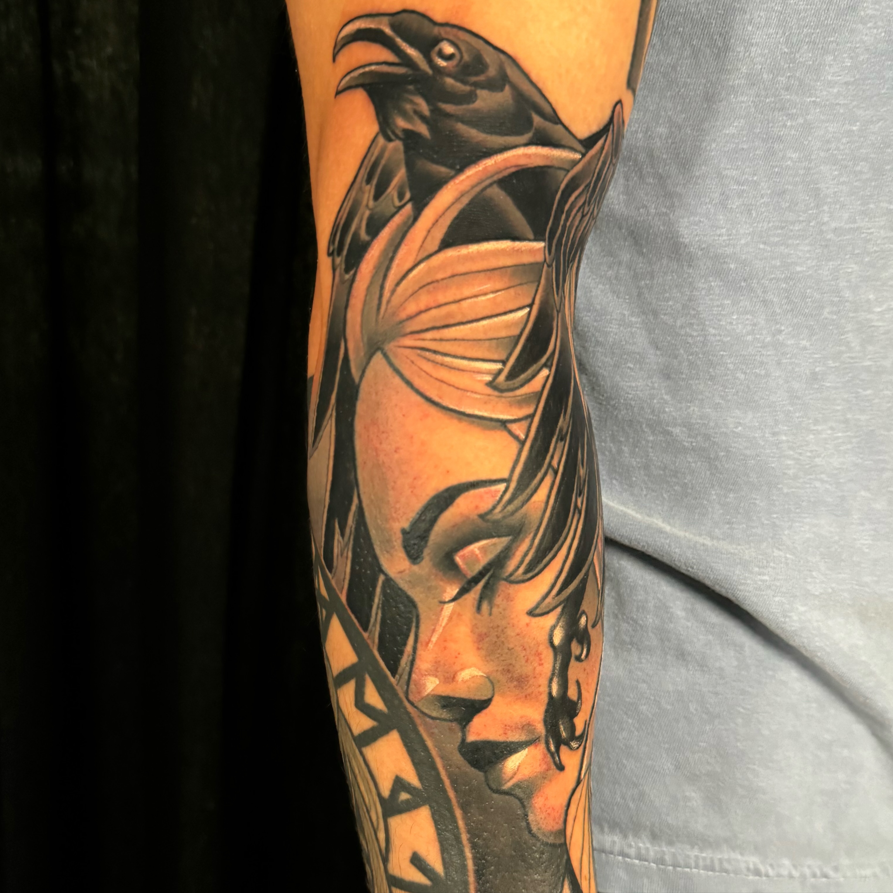 Raven and woman neo-traditional tattoo on the forearm by Sweets, Nashville, Tennessee