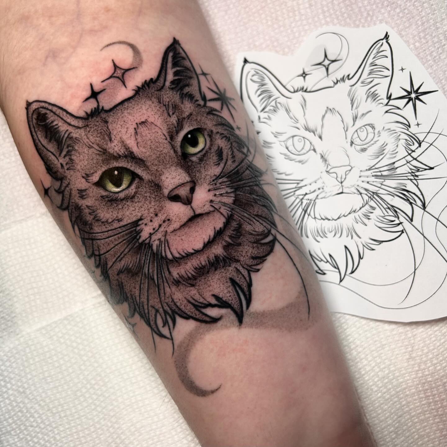 Cat dotwork tattoo on the forearm by Melissa Brown