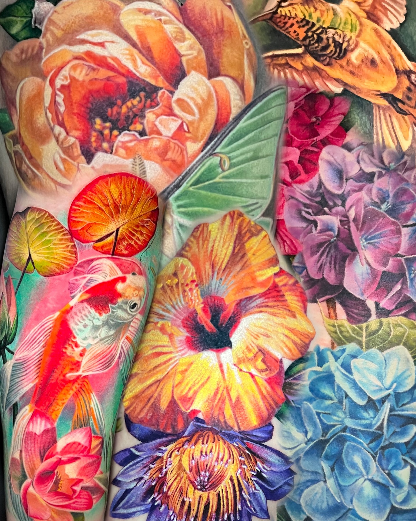 Floral bouquet realism tattoo on the forearm by Irina Shapiro, Somerville, Massachusetts