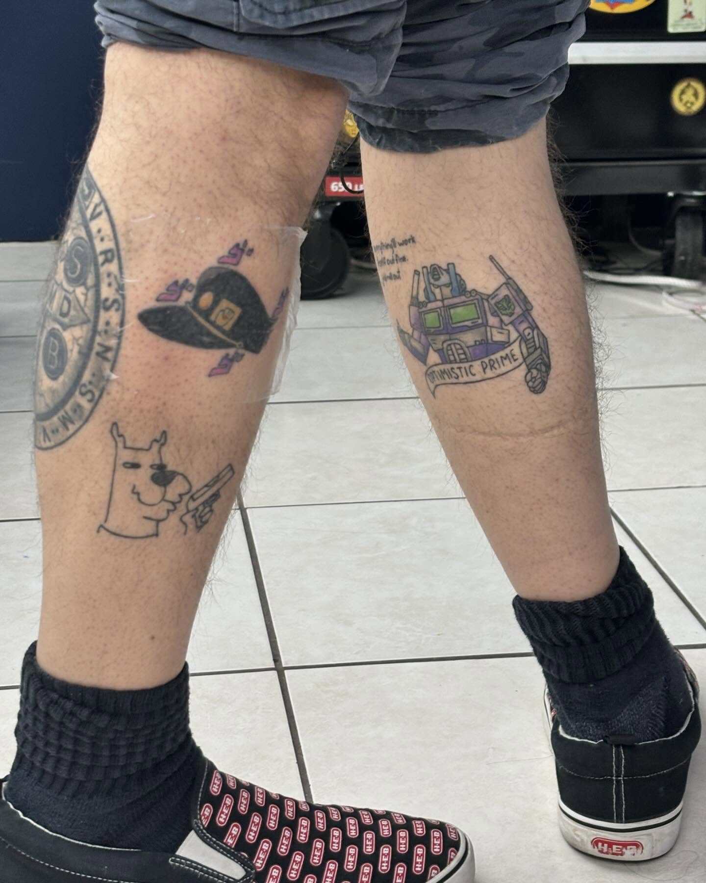 Dog with gun dotwork tattoo on the leg by πΈππππ¦π£ππΈ