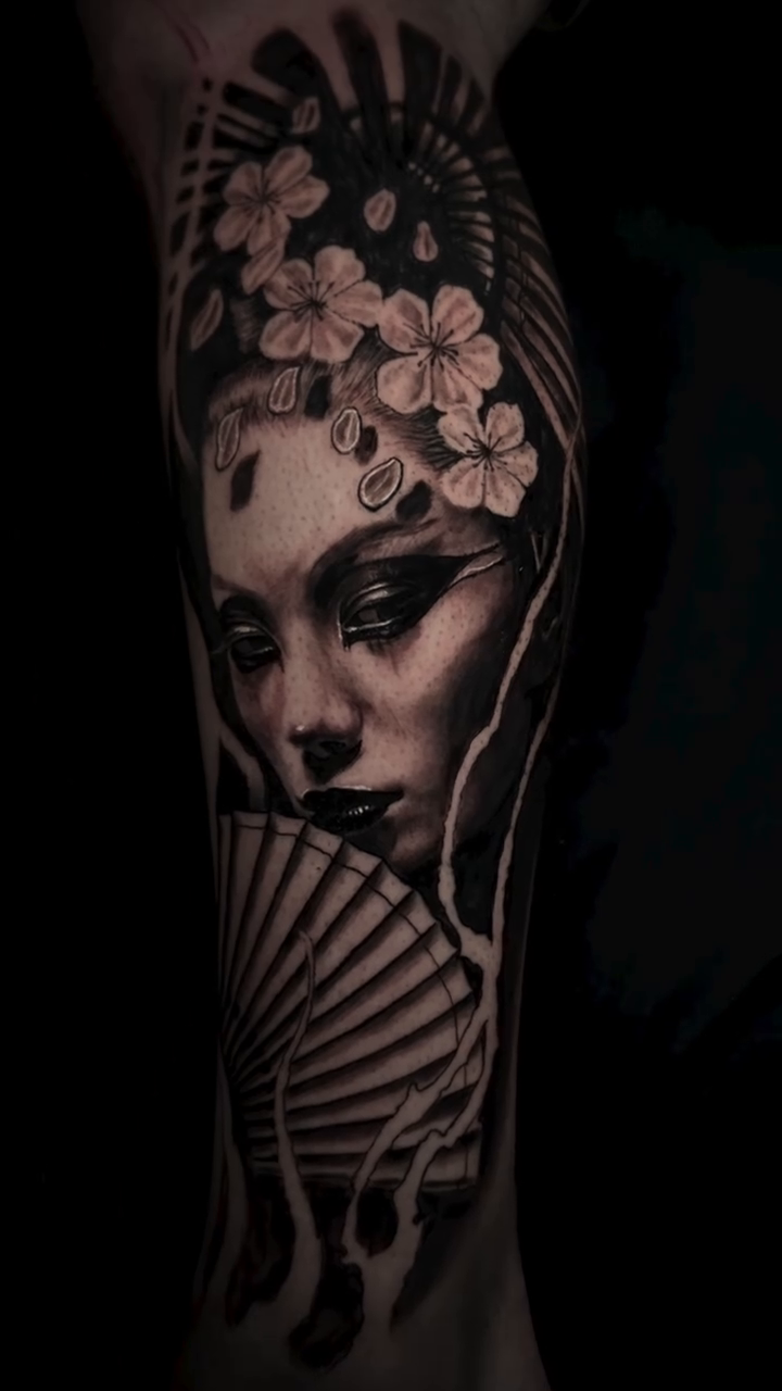 Geisha with fan realism tattoo by Cory James