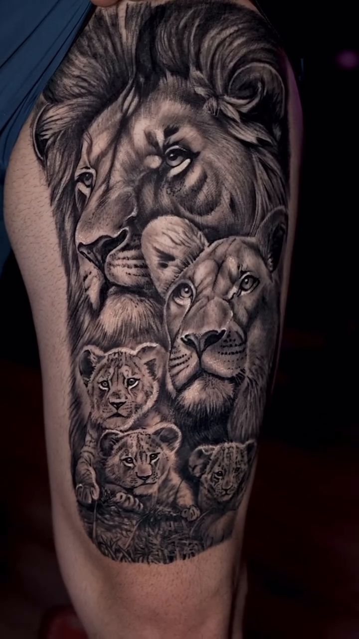 Lion family realism tattoo by Yasmani ramirez