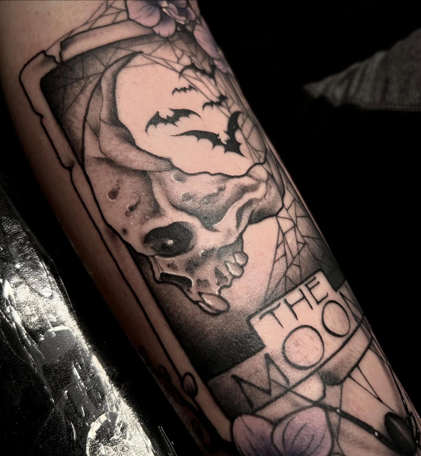 Skull and bats geometric tattoo on the forearm by 𝖎 𝖆𝖒 𝖗𝖔𝖙𝖙𝖎𝖓𝖌 𝖜𝖎𝖙𝖍 𝖞𝖔𝖚