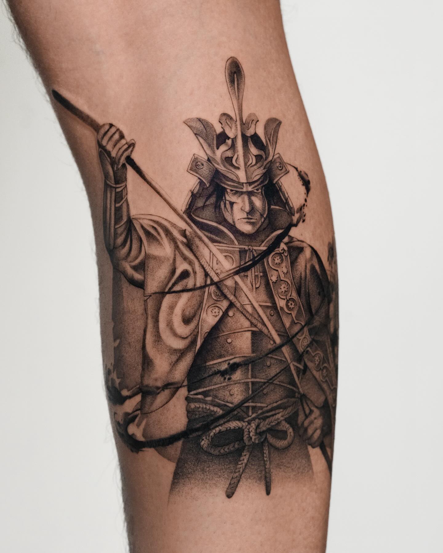 Samurai warrior realism tattoo on the forearm by Mateo