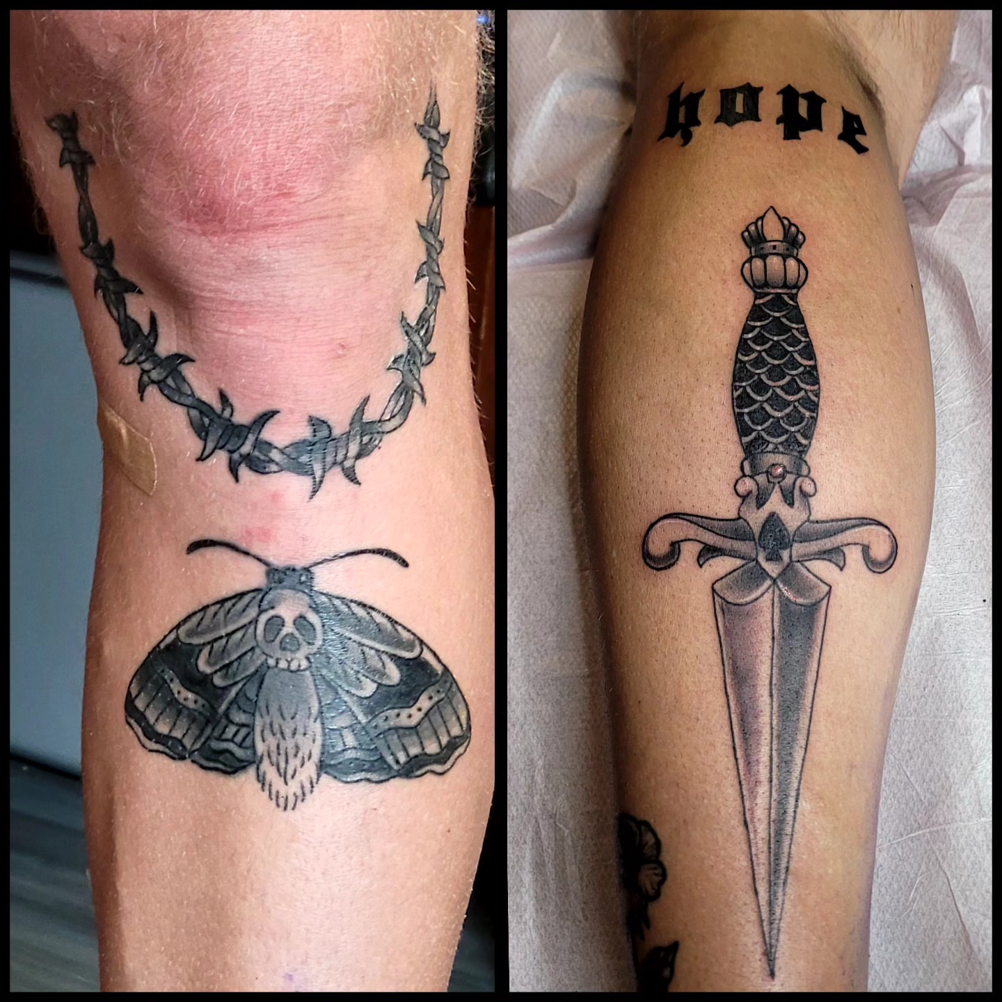 Moth and dagger realism tattoo on the forearm by Dawne Michele
