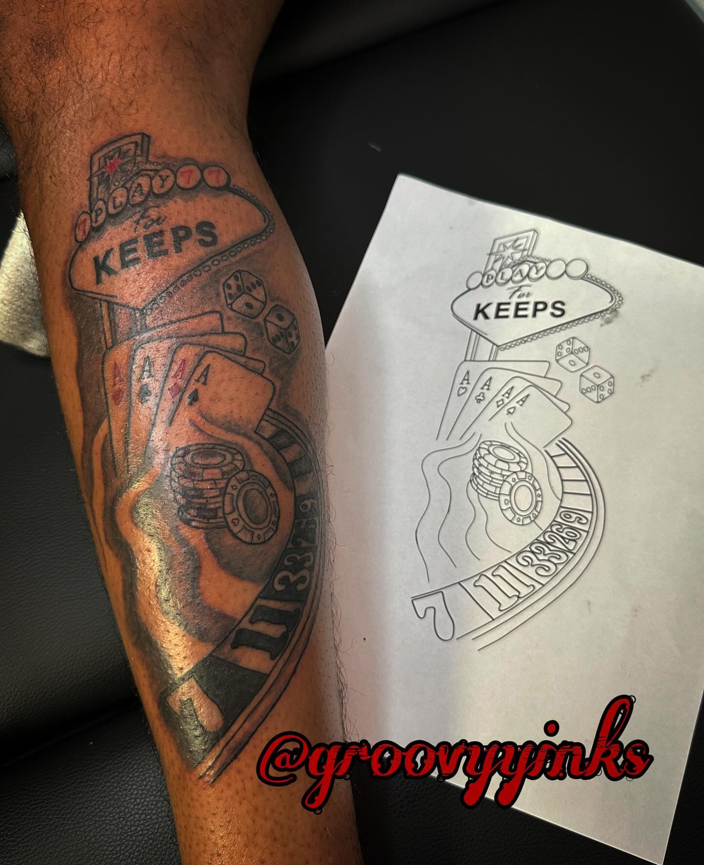 Roulette wheel and cards American traditional tattoo on the forearm by groovyyinkss