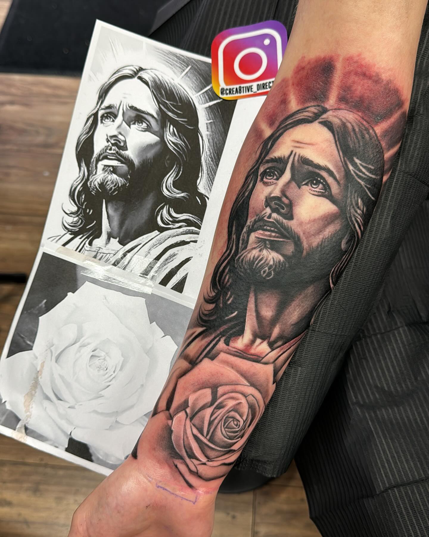 Religious figure realism tattoo on the forearm by Cedric Fleming