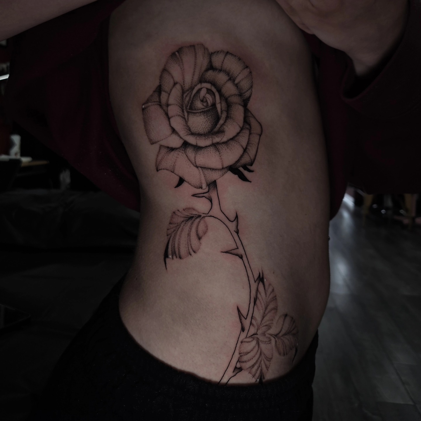 Rose dotwork tattoo on the ribs by Gabrielle Esperanza ☽。⋆