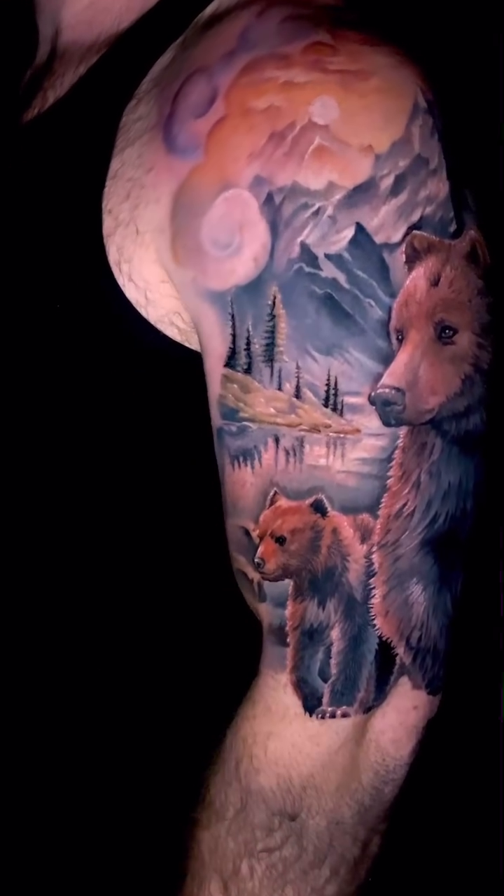Bears in a mountain landscape realism tattoo by Sean Flood
