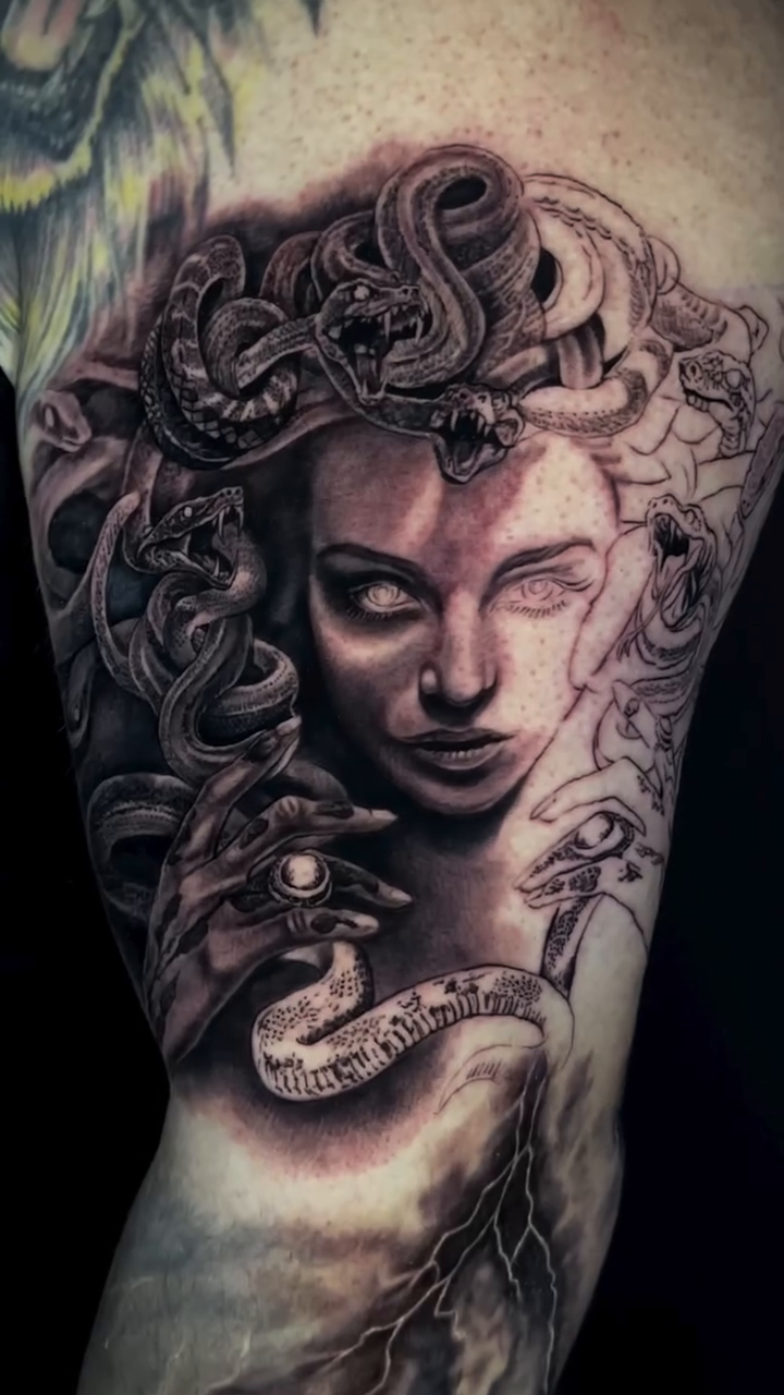 Medusa and a stormy sea scene realism tattoo by Duniel Garcia