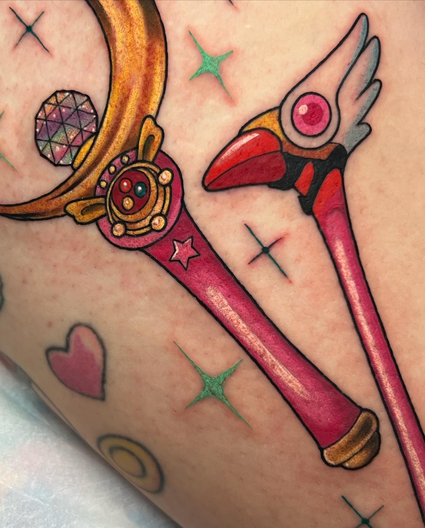 Magic wand and crescent moon new school tattoo on the forearm by ๐ฎ๐๐๐๐๐๐