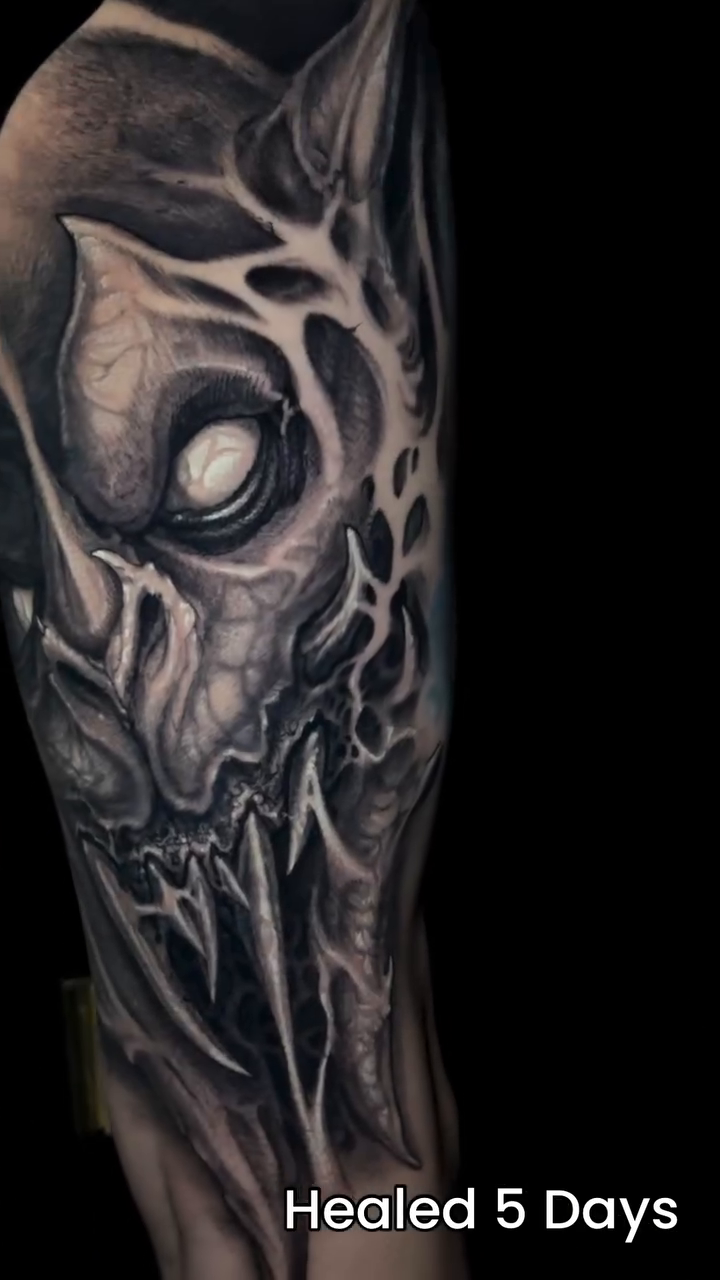 Tattoo by @aaronmtattoos — dark_realism, black_and_grey