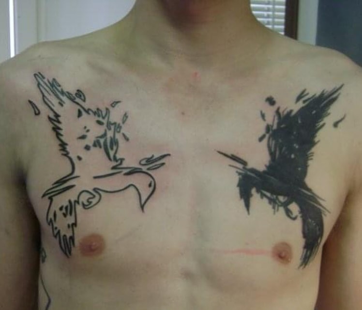 Birds black and grey tattoo on the chest by Bobby Glennon