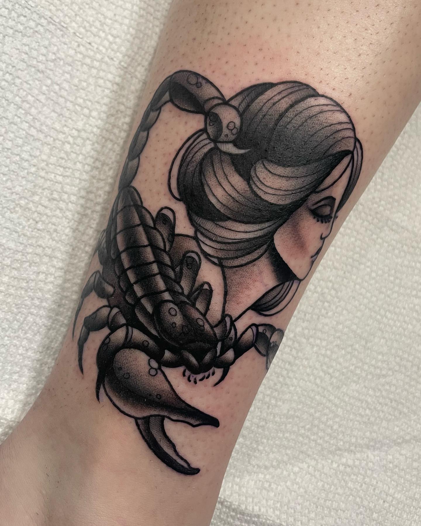 Scorpion and woman realism tattoo on the forearm by Amy Jean, Minneapolis, Minnesota