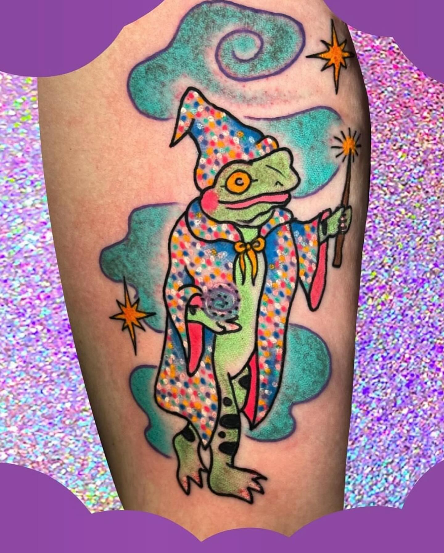 Wizard frog trash polka tattoo on the forearm by Chelsea Lane
