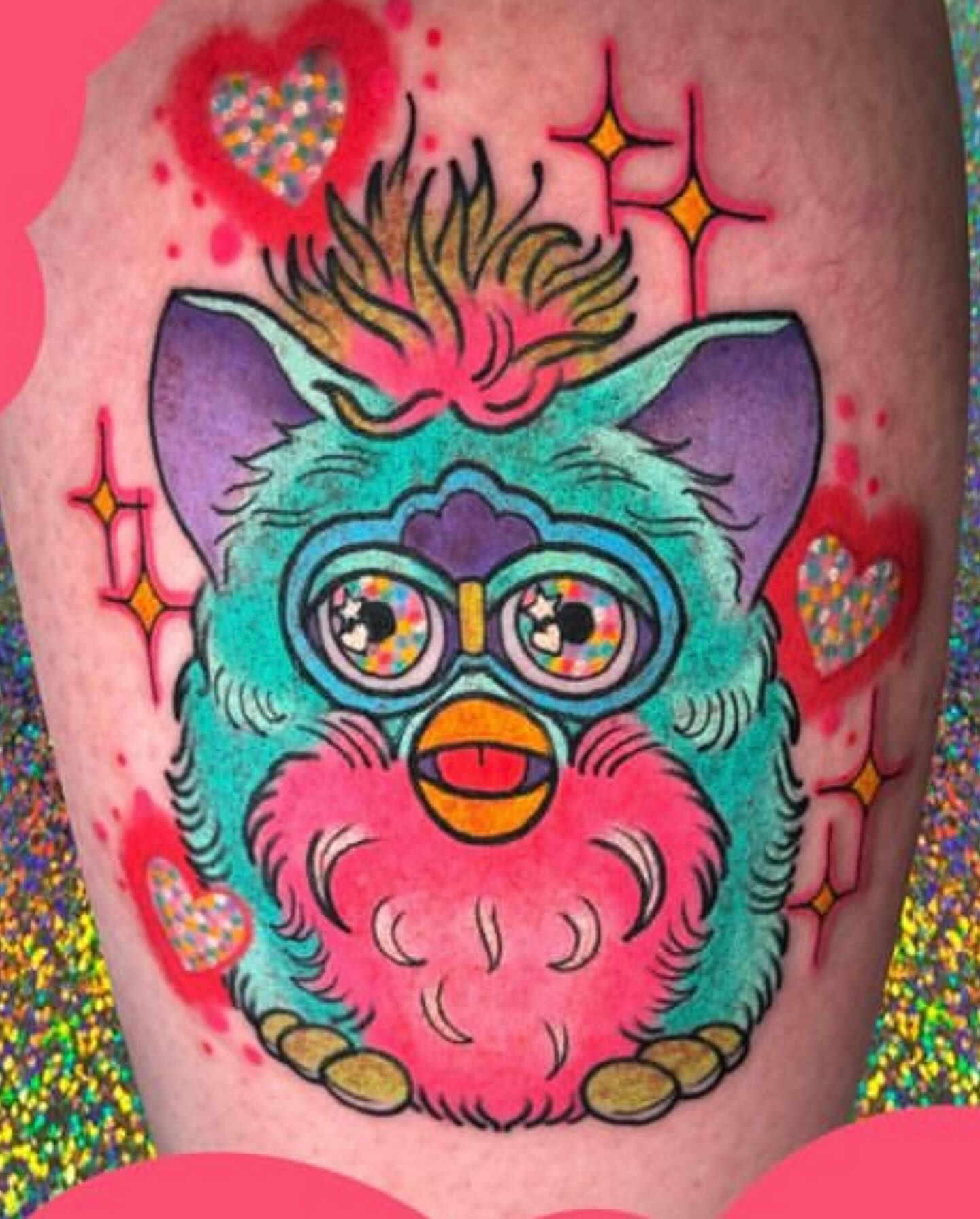 Owl new school tattoo on the thigh by Chelsea Lane