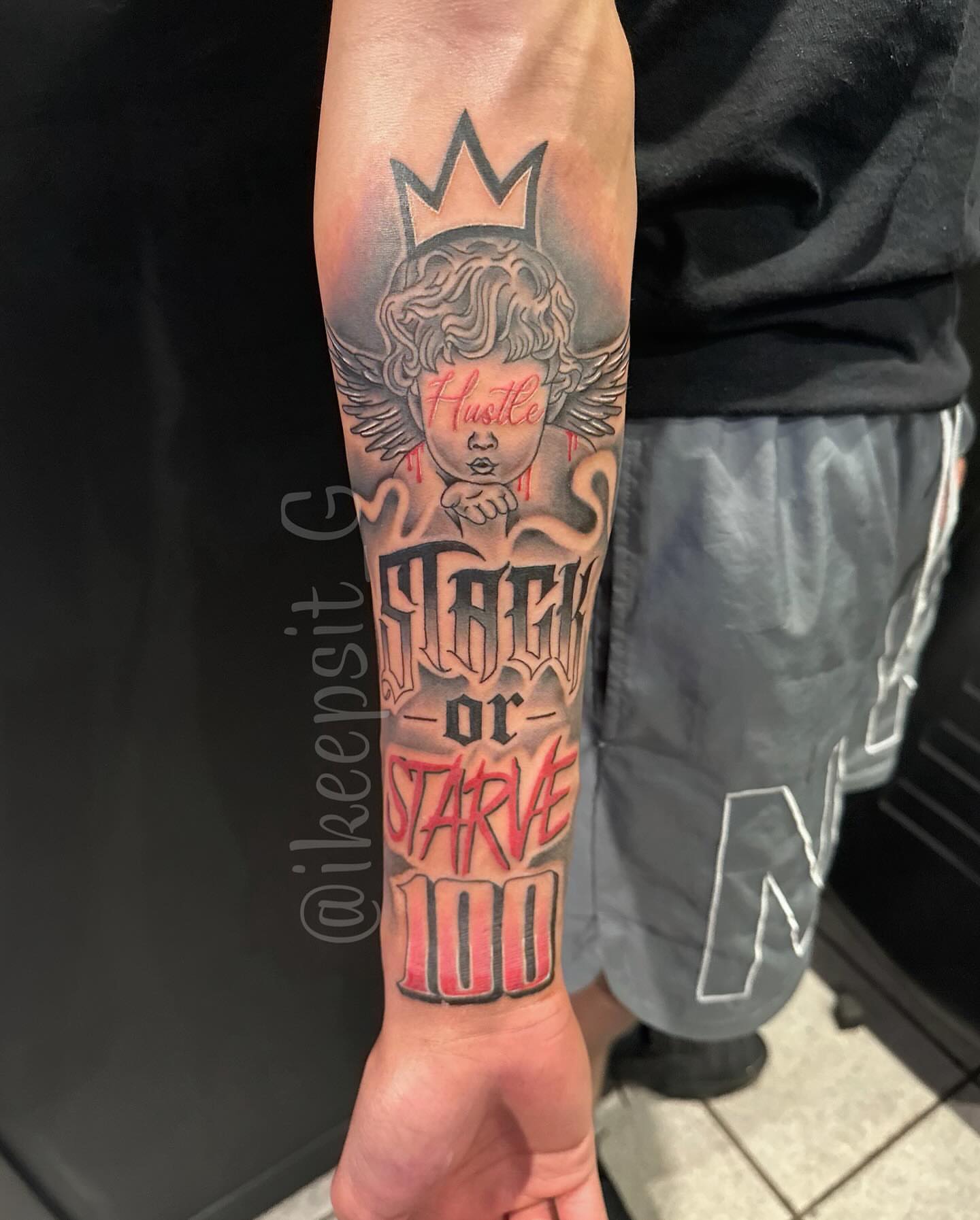 Hustle, tag or starve 100 neo-traditional tattoo on the forearm by Prolific🏁so Gifted