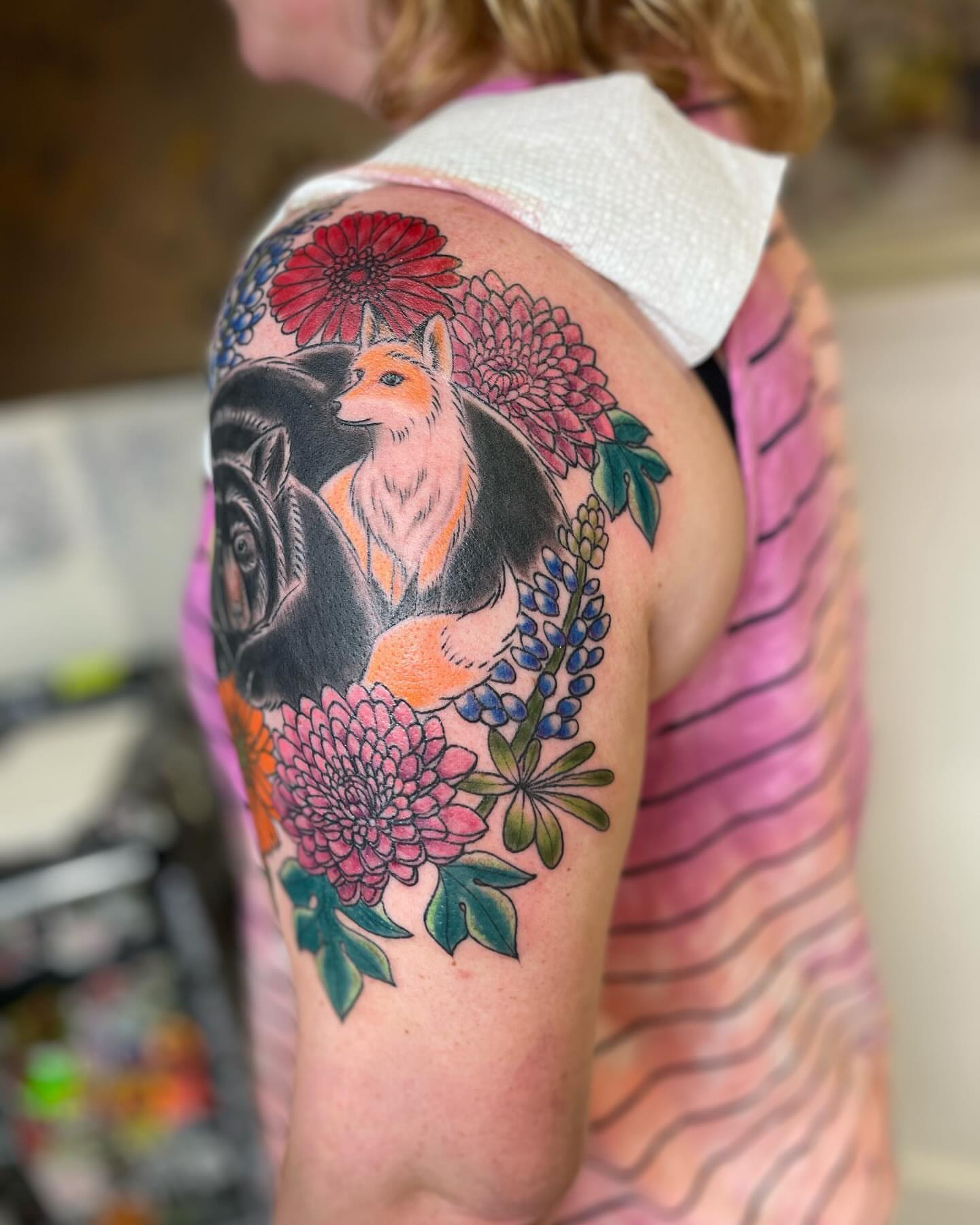 Fox and flowers new school tattoo on the shoulder by Michelle