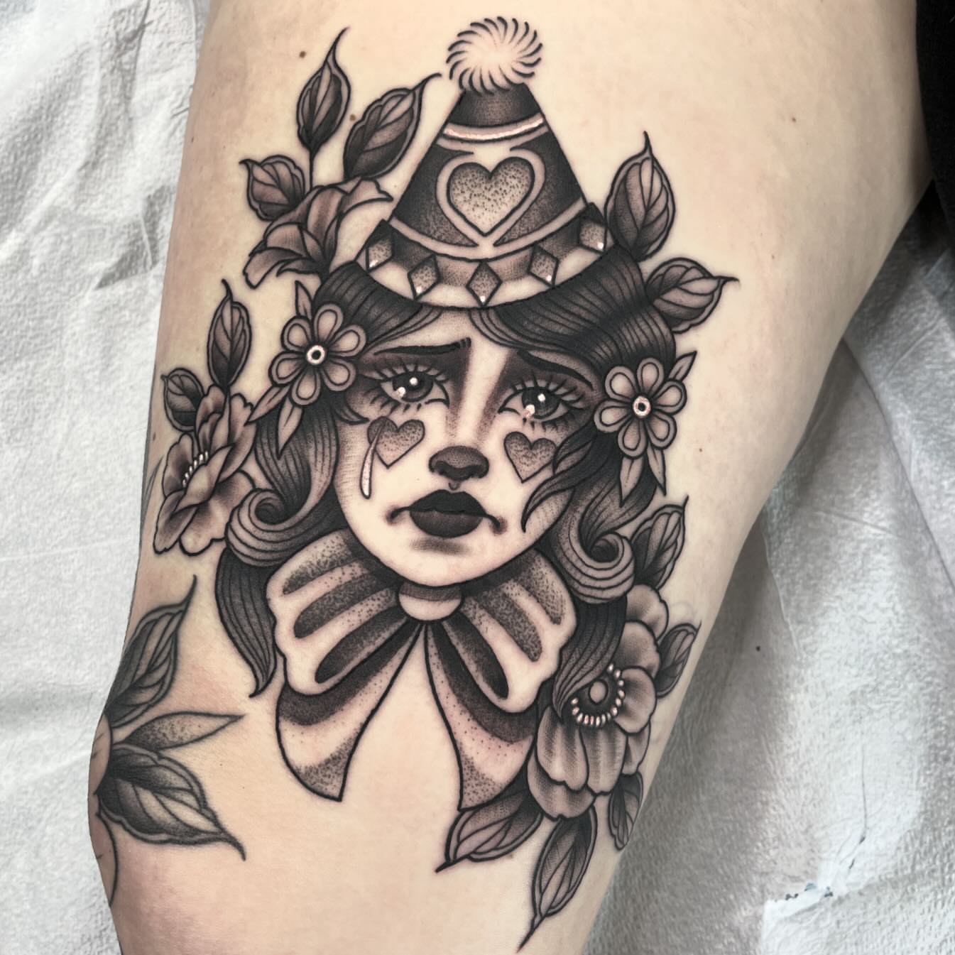 Clown American traditional tattoo on the forearm by Amanda Marie, Edmonds, Washington