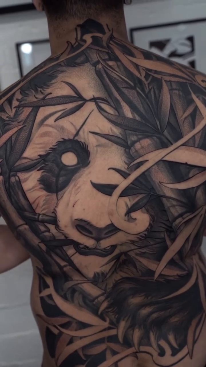 Panda with bamboo realism tattoo by Manuel Alejandro Maldonado