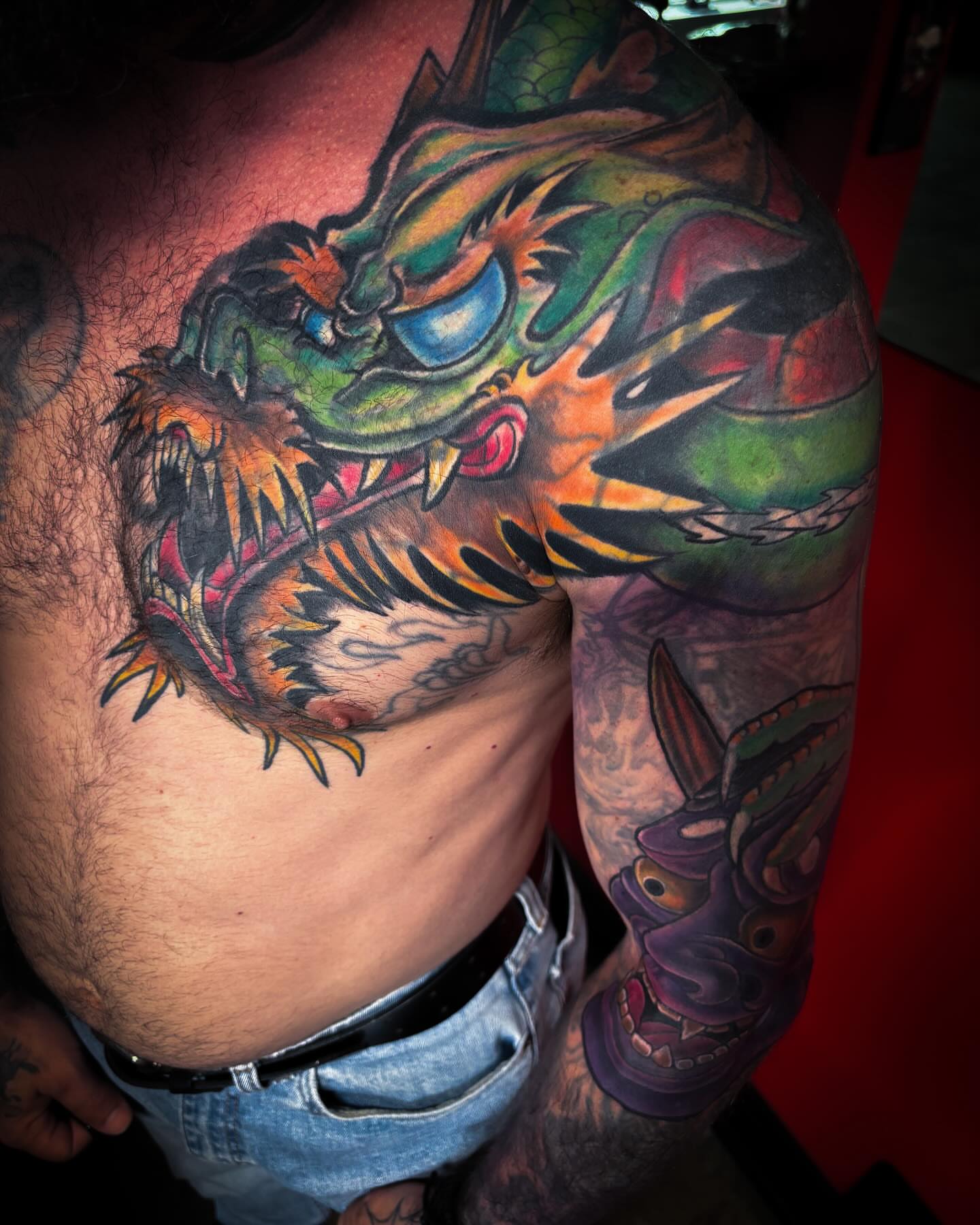 Dragon japanese irezumi tattoo on the chest by Bobby Glennon