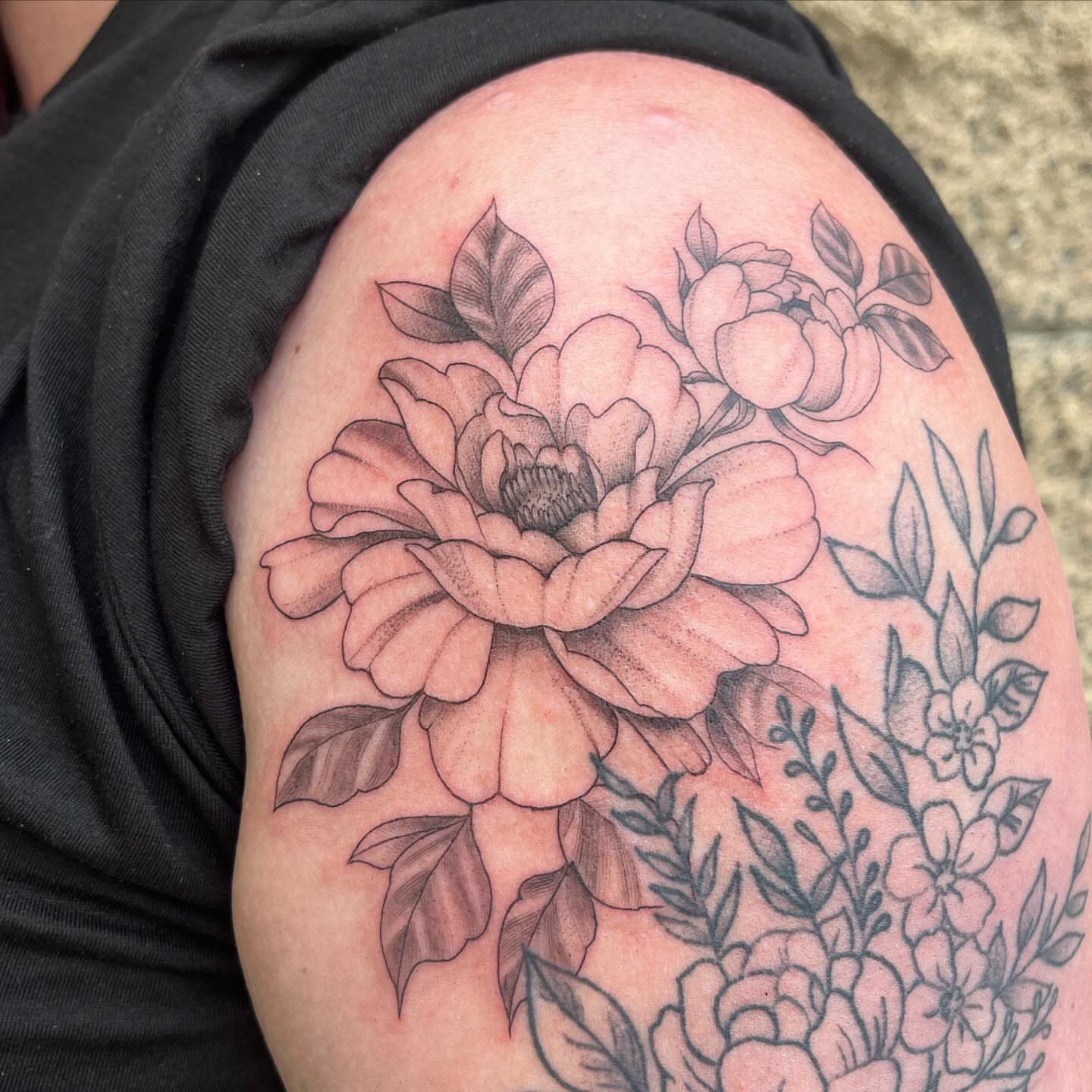 Peony flower black and grey tattoo on the shoulder by Ana Valadez π¦, Ventura, California