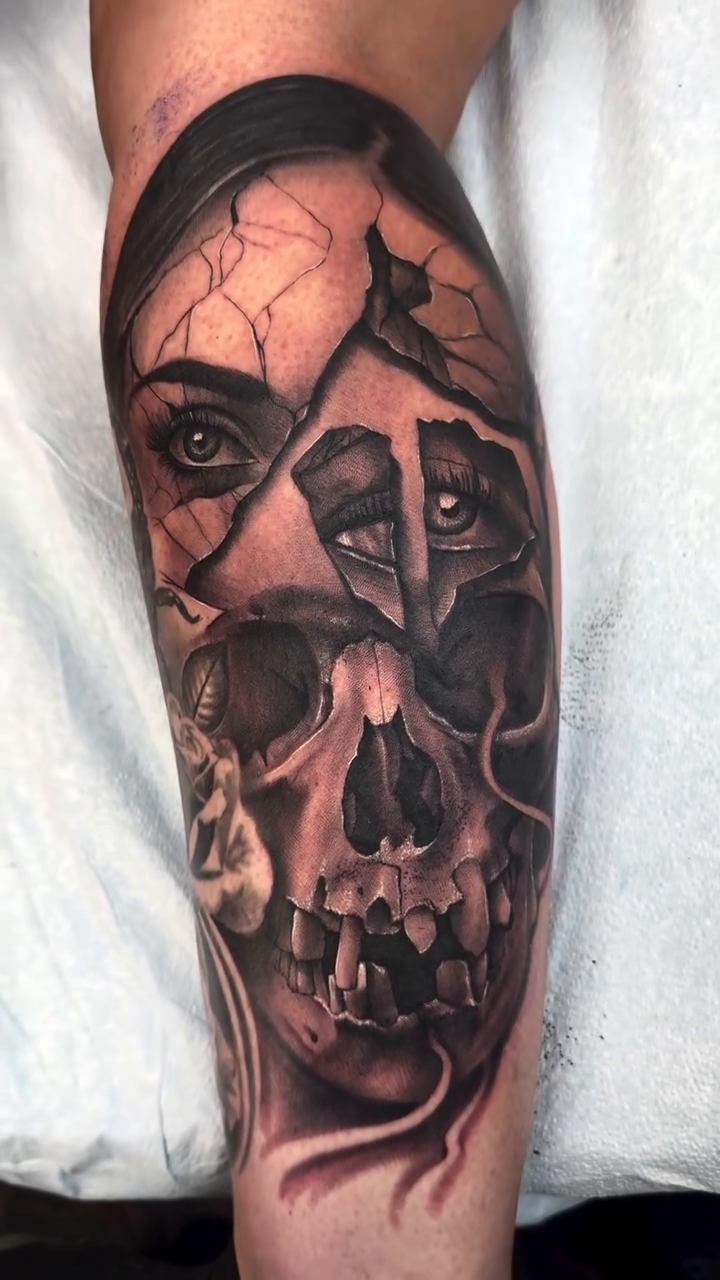 Tattoo by @brycemoodietattoo — dark_realism, black_and_grey