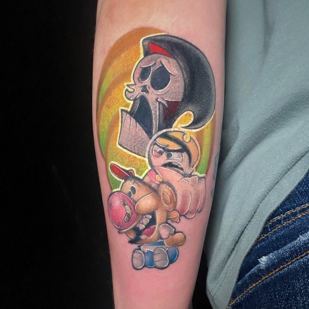 Cartoon characters dotwork tattoo on the forearm by Brian Overholt