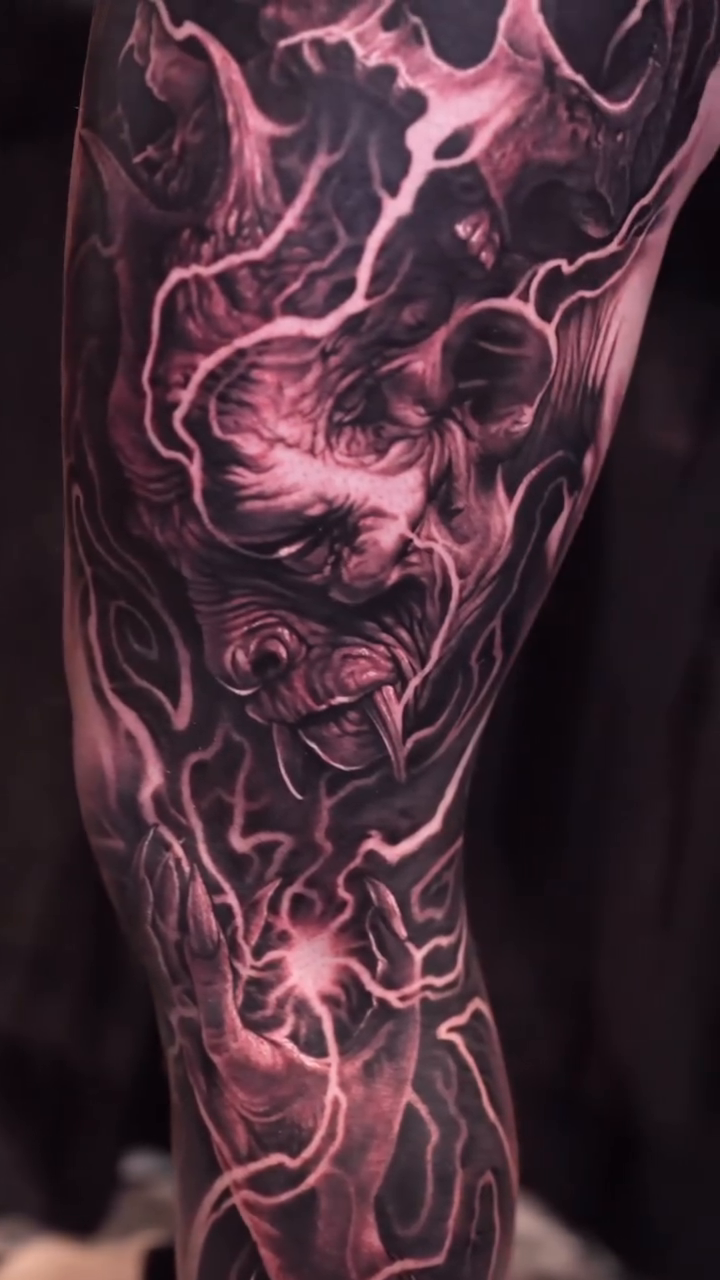 Demonic skull with lightning dark realism tattoo by Gabriel Londis