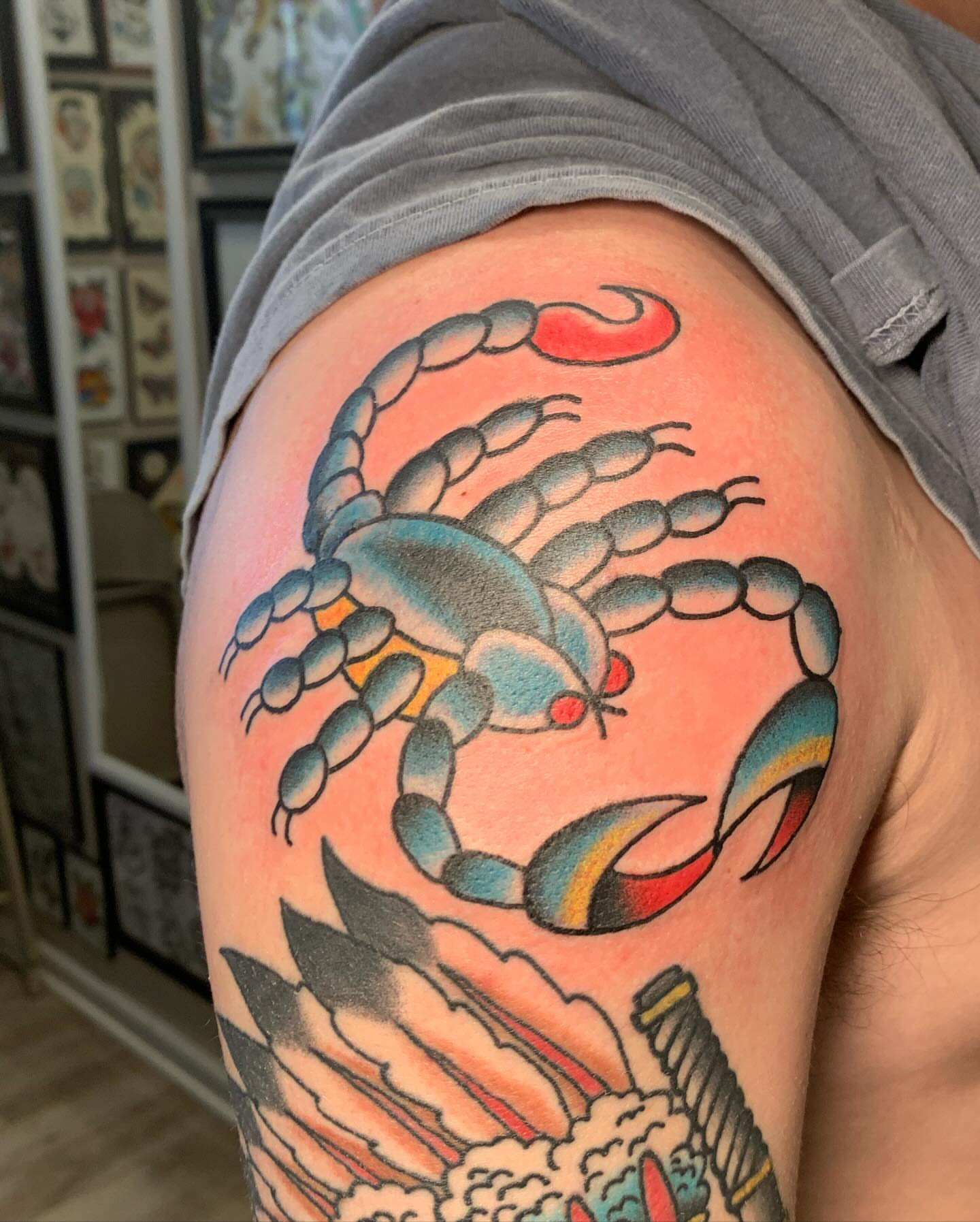 Scorpion American traditional tattoo on the shoulder by mike_howard
