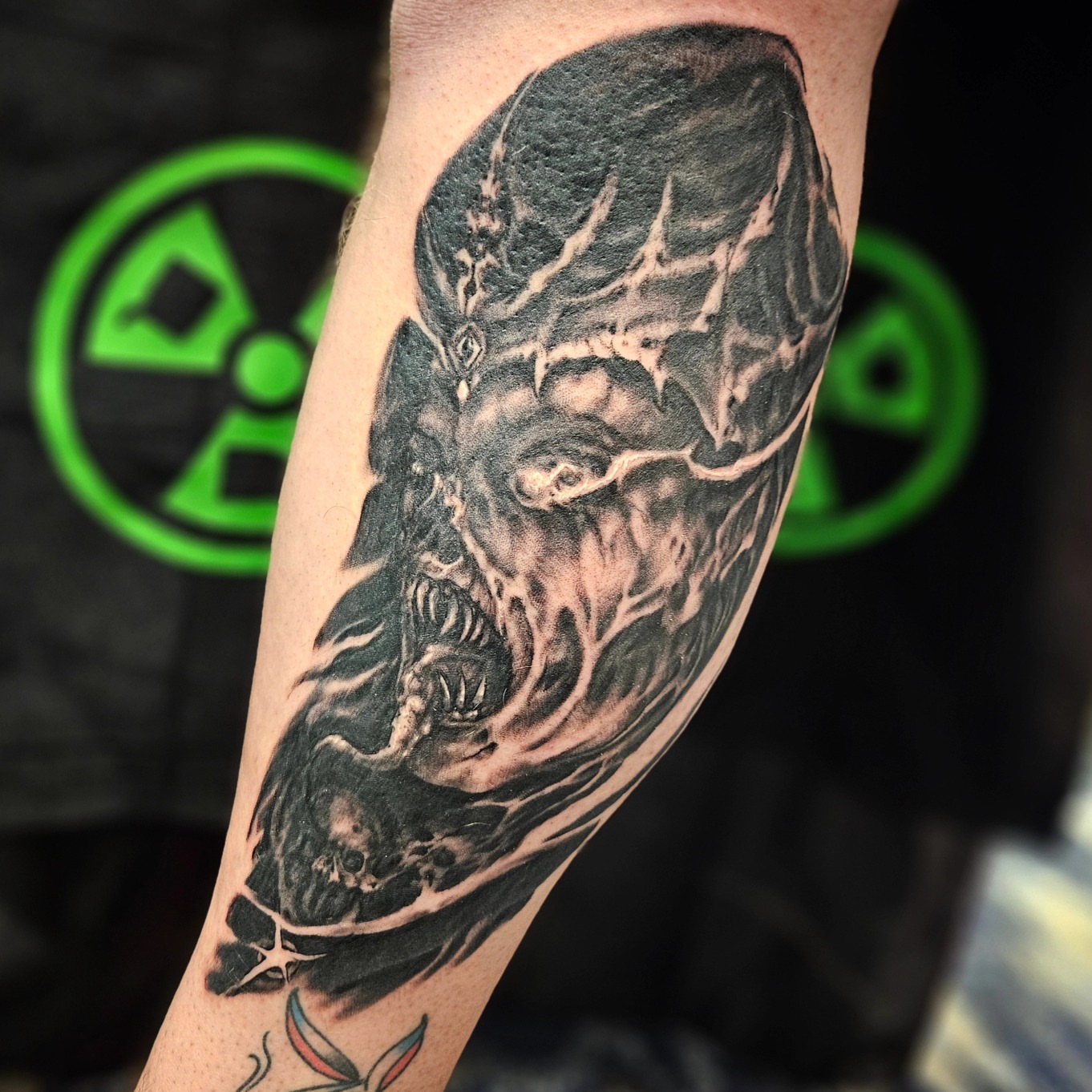 Demon dark realism tattoo on the forearm by Chicagoland Tattoo artist - Dany Rojas