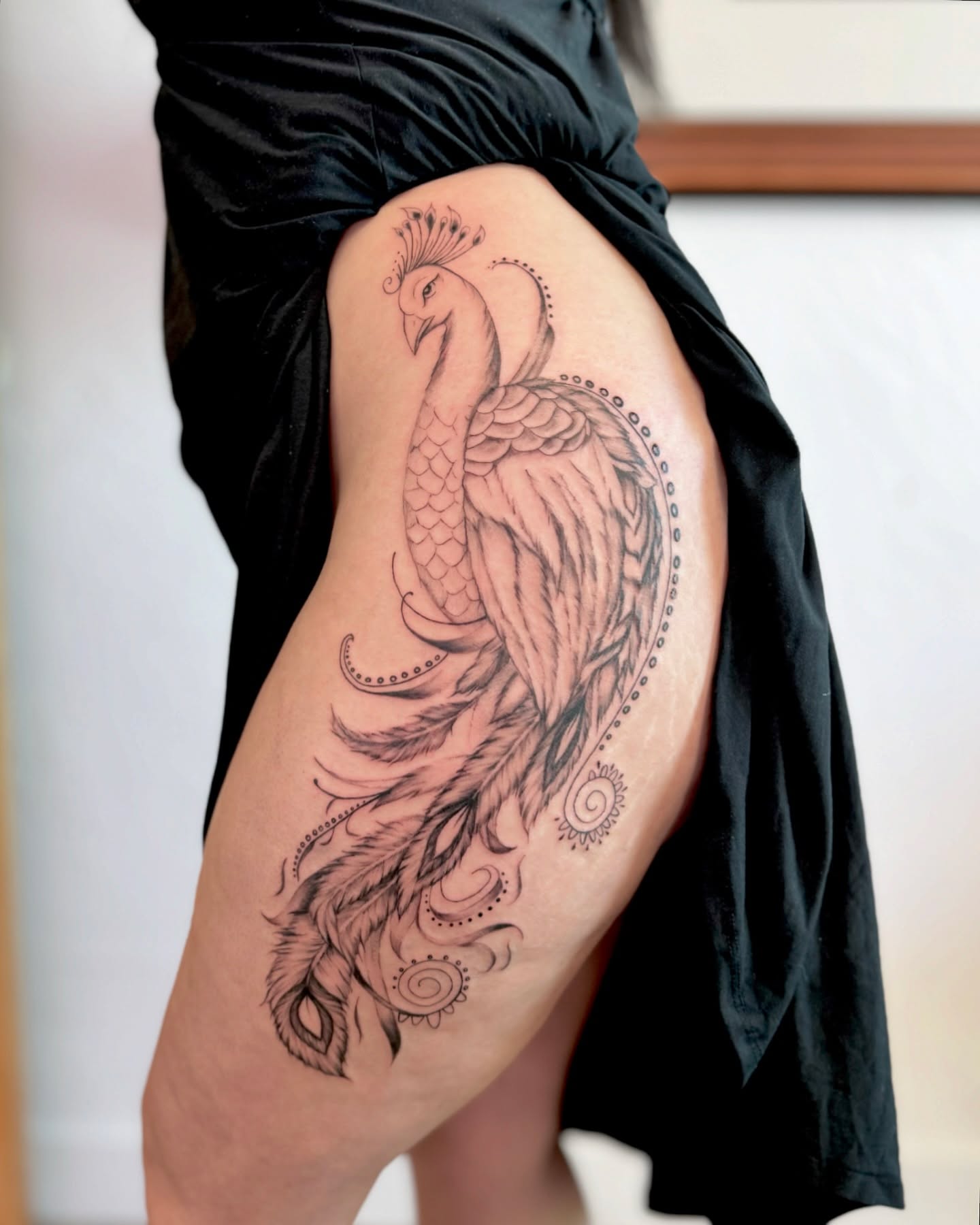 Peacock black and grey tattoo on the thigh by πππ¦