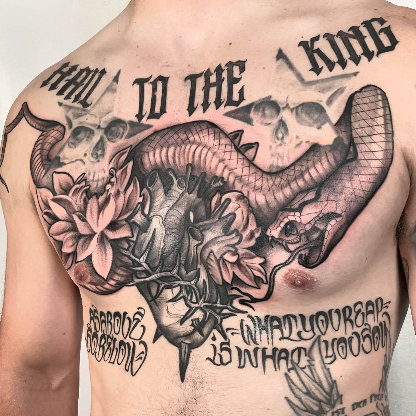 Dragon and lotus realism tattoo on the chest by ✖️mike Alan✖️